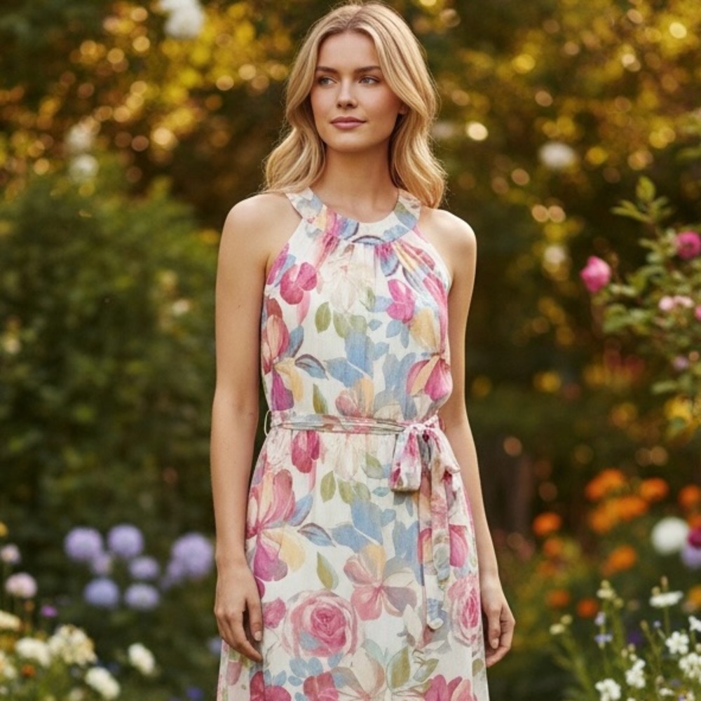 NWT Calvin Klein Floral Halter Neck Chiffon Maxi Dress Size 4 Pink Multi Lined - Picture 2 of 11